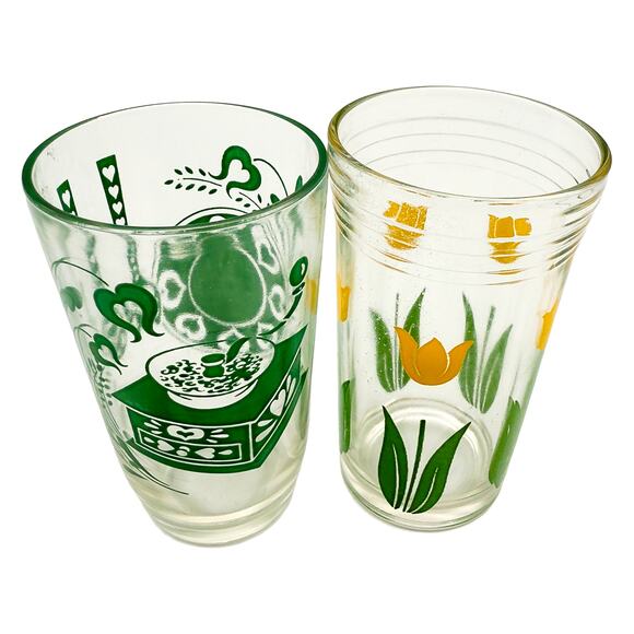 Vintage Kraft Swanky Swigs Set of 2 Glasses Yellow Tulips/Green Coffee Grinder - Picture 1 of 4